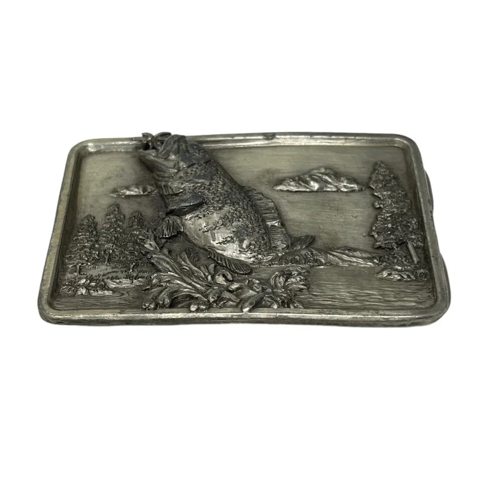Bergamot Brass Works Belt Buckle‎ Leaping Bass Fishing Trees Vintage 1984